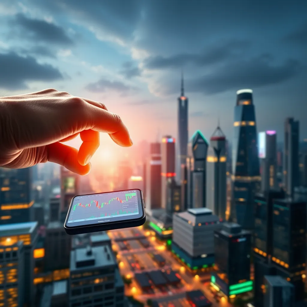 A visual representation of a trader's journey through various asset classes. Start with a close-up of a hand hovering over a smartphone screen displaying a live stock chart, symbolizing the entry point. Gradually zoom out to reveal a panoramic view of a global financial center, with skyscrapers representing different market sectors. The image should feature various asset classes, including indices, commodities, currencies, and cryptocurrencies, each represented by a unique visual element. The overall composition should be dynamic and interconnected, highlighting the interconnectedness of global markets and the versatility of a well-rounded trading approach. Use a dynamic lighting effect to emphasize the movement and flow of capital, creating a sense of energy and opportunity. Aim for a photorealistic and detailed image, capturing the complexity and scale of the global financial landscape.