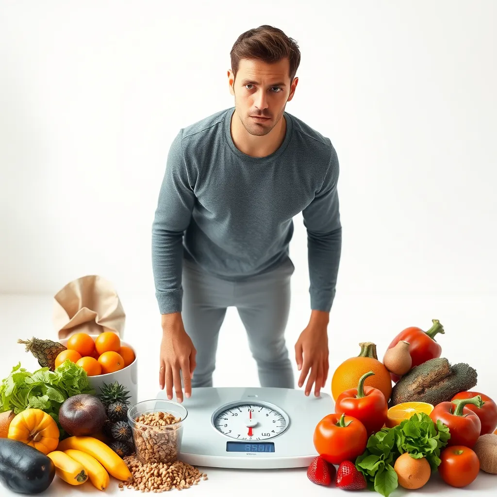 A visually compelling image of a person standing on a scale, looking determined and motivated. The scale is sleek and modern, displaying a number that is significantly lower than a previous reading.  The person is surrounded by a variety of healthy foods, including fruits, vegetables, and whole grains.  The background is a minimalist, bright white space, conveying a sense of cleanliness and purity.  The lighting is soft and diffused, creating a warm and inviting atmosphere.  The image should be ultra-realistic, with sharp details and a sense of hope and inspiration.  The focus should be on the person's determined expression and the positive change reflected on the scale.  The image should convey a message of empowerment and transformation.