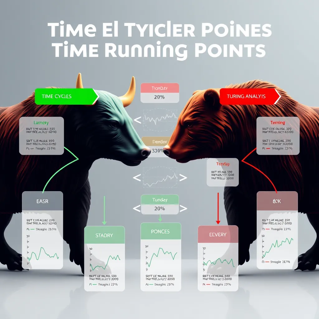 A visually engaging infographic with a modern design aesthetic.  The infographic should depict a bull and a bear facing each other, representing market trends.  Each animal should be labeled with a different color: green for the bull and red for the bear.  Between the animals, a series of financial charts with different time cycles should be displayed, with arrows pointing to potential turning points.  The infographic should use a clean and intuitive layout, emphasizing the concept of identifying market turning points through time cycle analysis.