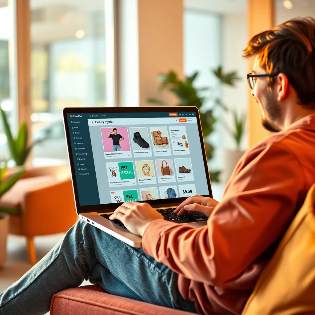 A visually engaging scene depicting a person easily customizing their ecommerce store.  The person is sitting in a comfortable, modern workspace with a bright, airy feel. They are using a laptop with a large, clear interface that allows them to effortlessly modify product descriptions, images, pricing, and store design.  The person is smiling and engaged, reflecting the ease and intuitiveness of the store setup and customization process.  The image should use vibrant colors and soft, diffused lighting.  The focus is on the laptop screen showcasing the clear, user-friendly interface.  The environment is modern and dynamic, representing the user's control and creativity in crafting a successful online store.