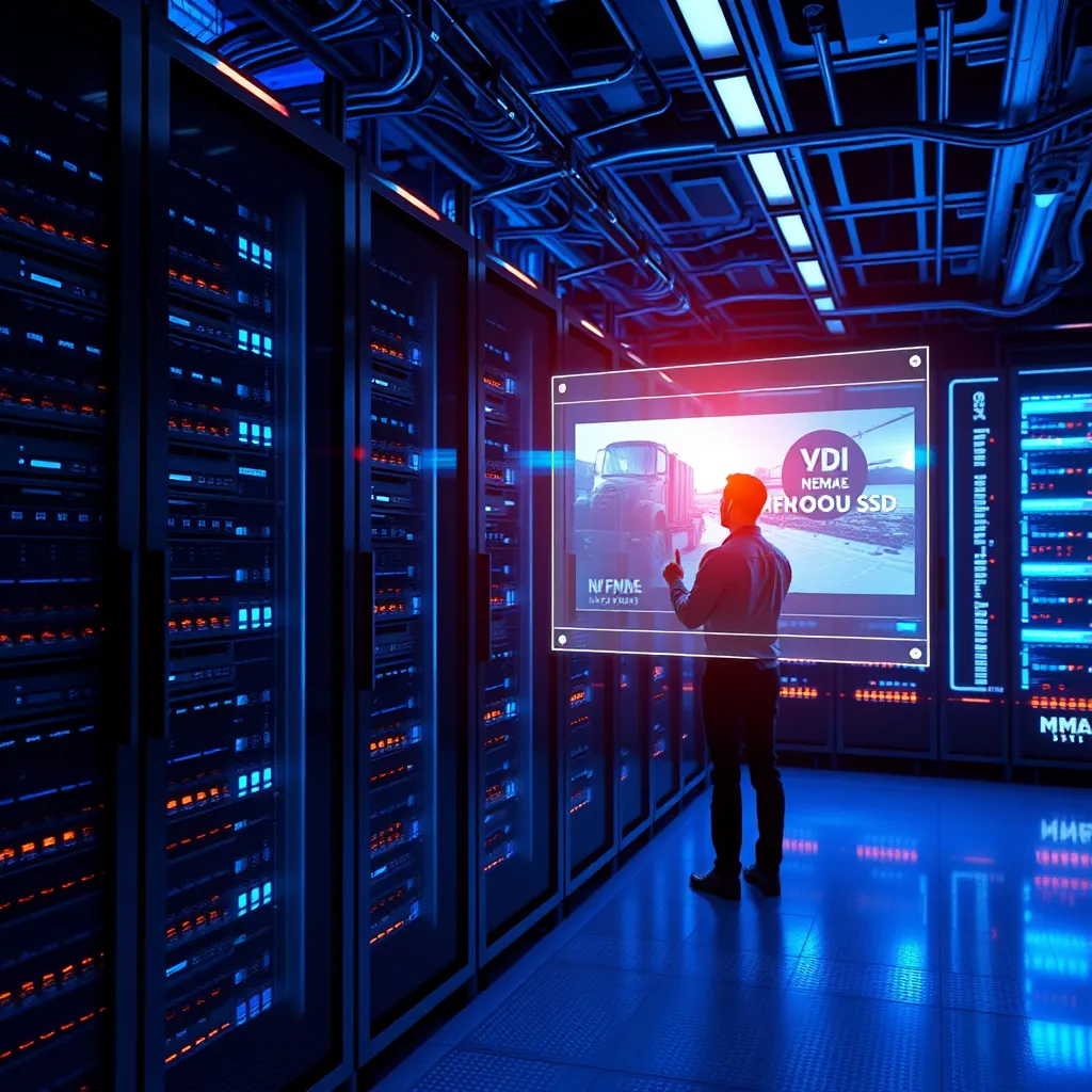 A visually striking image depicting a futuristic server room, bathed in cool, blue light. The servers are sleek and modern, with glowing NVMe SSDs that pulse with data transfer.  In the foreground, a user is interacting with a transparent holographic interface displaying a high-resolution video stream, emphasizing the speed and clarity of the media delivery.  Use a photorealistic style with ultra-detailed textures for the servers, cables, and holographic interface. The scene should be immersive and convey a sense of cutting-edge technology.