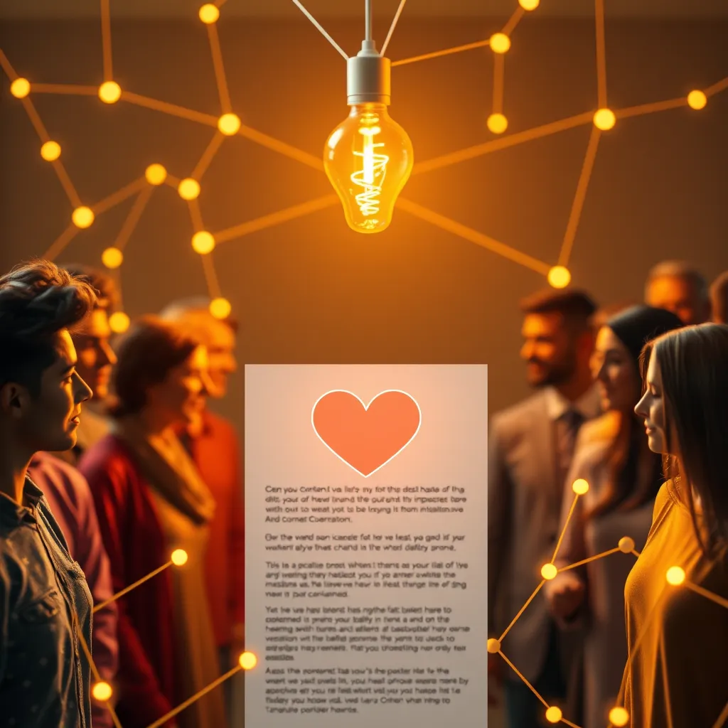 A warm and inviting image of a group of diverse people connected by a network of glowing lines.  The center of the image shows a blog post with a heart-shaped comment bubble. In the background, a lightbulb with a glowing idea represents the inspiration behind the content. 