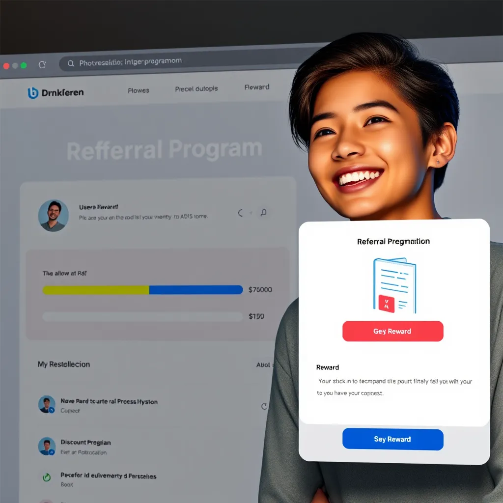 A website with a referral program interface. A user's profile displays a progress bar nearing completion. A pop-up showcases a reward, like a free ebook or discount code. The user smiles, excited about the reward.