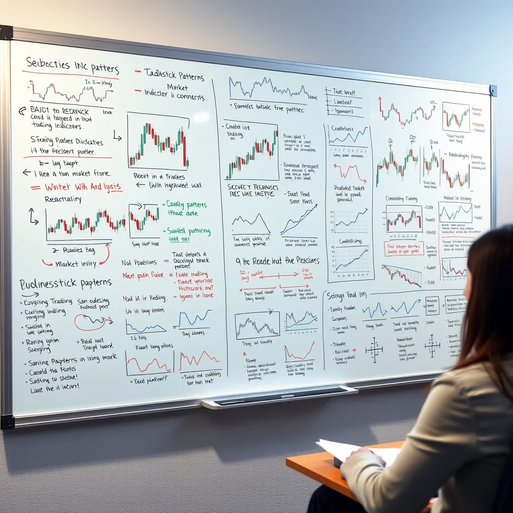A whiteboard filled with diagrams and explanations of various trading concepts, such as candlestick patterns, technical indicators, and market analysis. The image should be bright and colorful, emphasizing the complexity and depth of the knowledge being imparted.