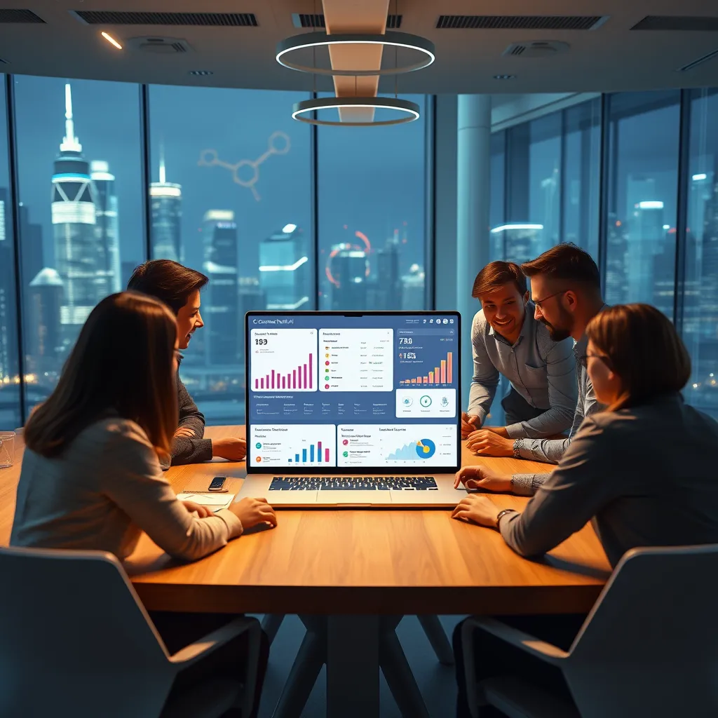 A wide-angle shot of a modern, dynamic office setting with a team of young professionals collaborating around a table. The table features a large laptop screen showcasing a CourseMateAI dashboard, displaying real-time data and analytics for course performance and marketing campaigns. The team is engaged in a lively discussion, analyzing data and strategizing marketing initiatives. The background features a futuristic cityscape with glowing skyscrapers, symbolizing the potential for global reach and success. The lighting should be bright and energetic, conveying a sense of teamwork and innovation. The image should focus on the team's collaboration and the power of data-driven marketing, emphasizing the ability of CourseMateAI to elevate e-learning businesses.