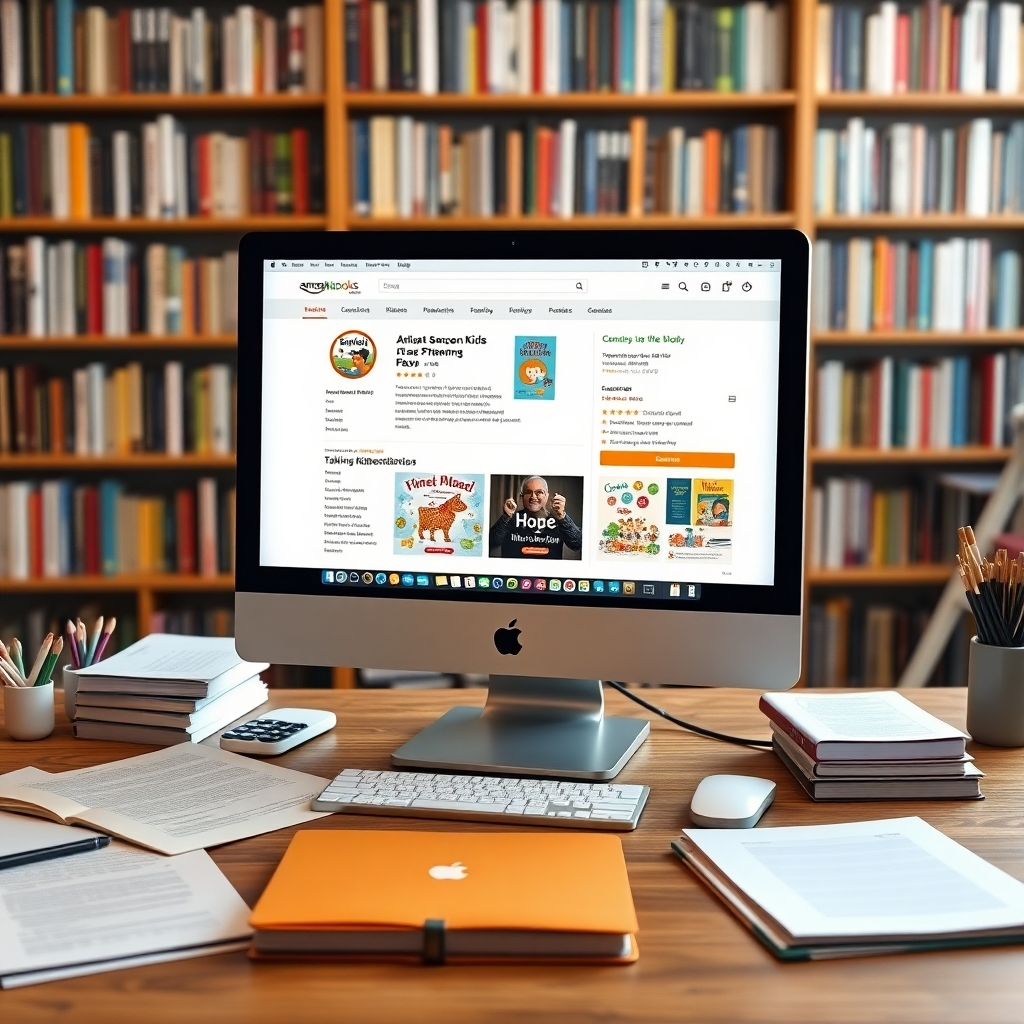 A wide-angle shot showcasing a computer screen displaying an online marketplace like Amazon KDP, Apple Books, or Etsy. The screen should be open to the book's product page, featuring the talking kids book cover, a detailed description, and positive reviews.  The computer should be placed on a desk in a home office setting, surrounded by documents, notebooks, and other tools of a busy entrepreneur. The background should be a blurred representation of a bookshelf filled with published talking kids books, symbolizing success and achievement. The overall mood should be one of productivity, organization, and professional success, highlighting the ease of publishing and selling with Talking KidsBooks.
