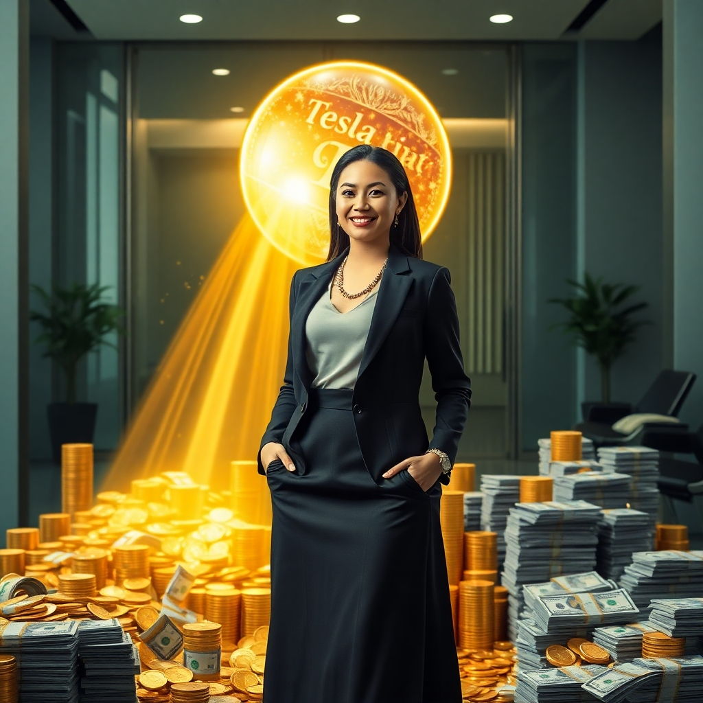 A woman dressed in elegant attire stands confidently in a modern office, surrounded by piles of gold coins and stacks of bills. She wears a relaxed smile as a stream of golden light flows from a large, glowing sphere labeled 'Tesla Ritual' towards her, representing the effortless manifestation of wealth.
