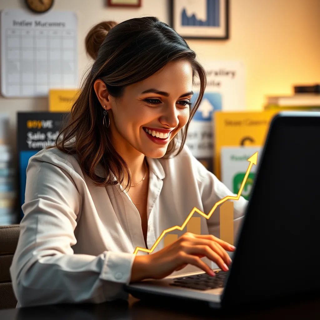 A woman smiling and looking at a laptop screen displaying a growing graph representing sales growth. In the background, she's surrounded by digital products like e-books, templates, and online courses.