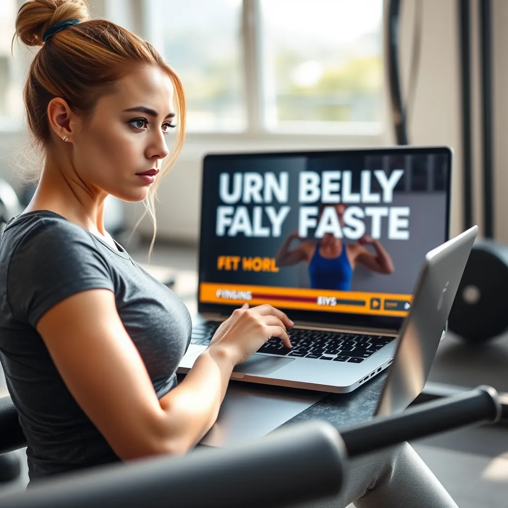 A woman with a determined expression is watching a video on her laptop, showcasing the title 'Burn Belly Fat Faster' with a motivational image of a fit person in the background. The woman is surrounded by fitness equipment, symbolizing her dedication to achieving her fitness goals. The scene is filled with natural light, creating a bright and positive atmosphere.