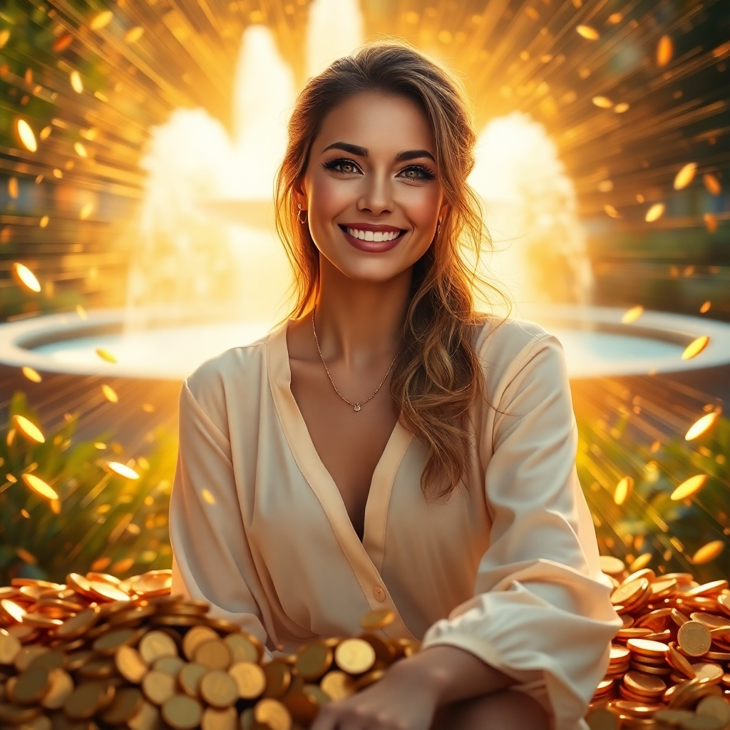 A woman with a radiant smile, radiating golden energy and surrounded by a swirling vortex of gold coins. She is sitting in a serene garden with a tranquil fountain in the background, symbolizing financial abundance and inner peace. The image should exude a sense of confidence and financial freedom.