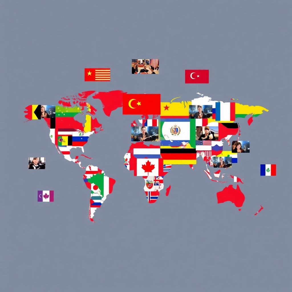 A world map with various flags overlayed, each flag having a short video clip emanating from it.  The videos should be diverse, visually appealing, and representative of various cultures and languages.  The overall image should portray seamless global reach and communication.