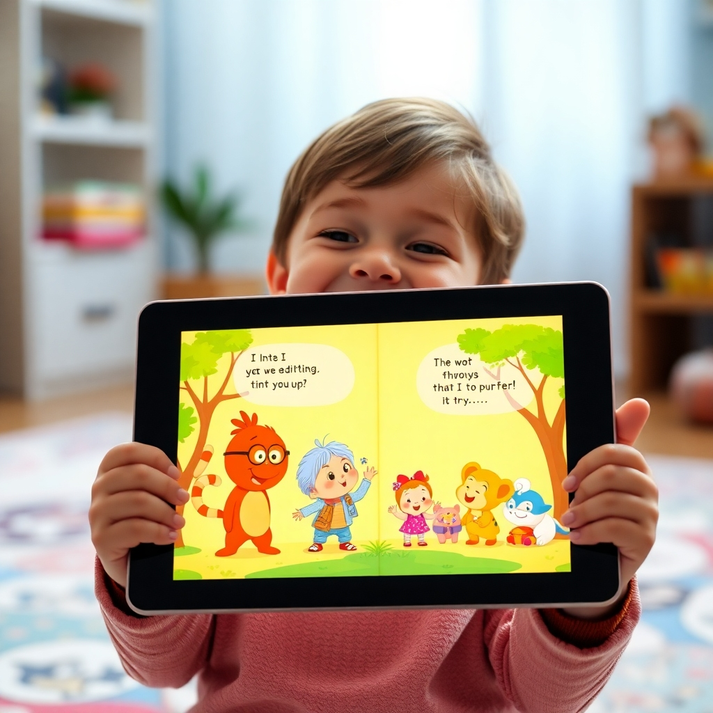 A young child, beaming with joy, holding a tablet showing a brightly colored children's book with animated characters talking and interacting with the child. The book's illustrations are vibrant and playful, emphasizing the interactive and engaging nature of the experience.