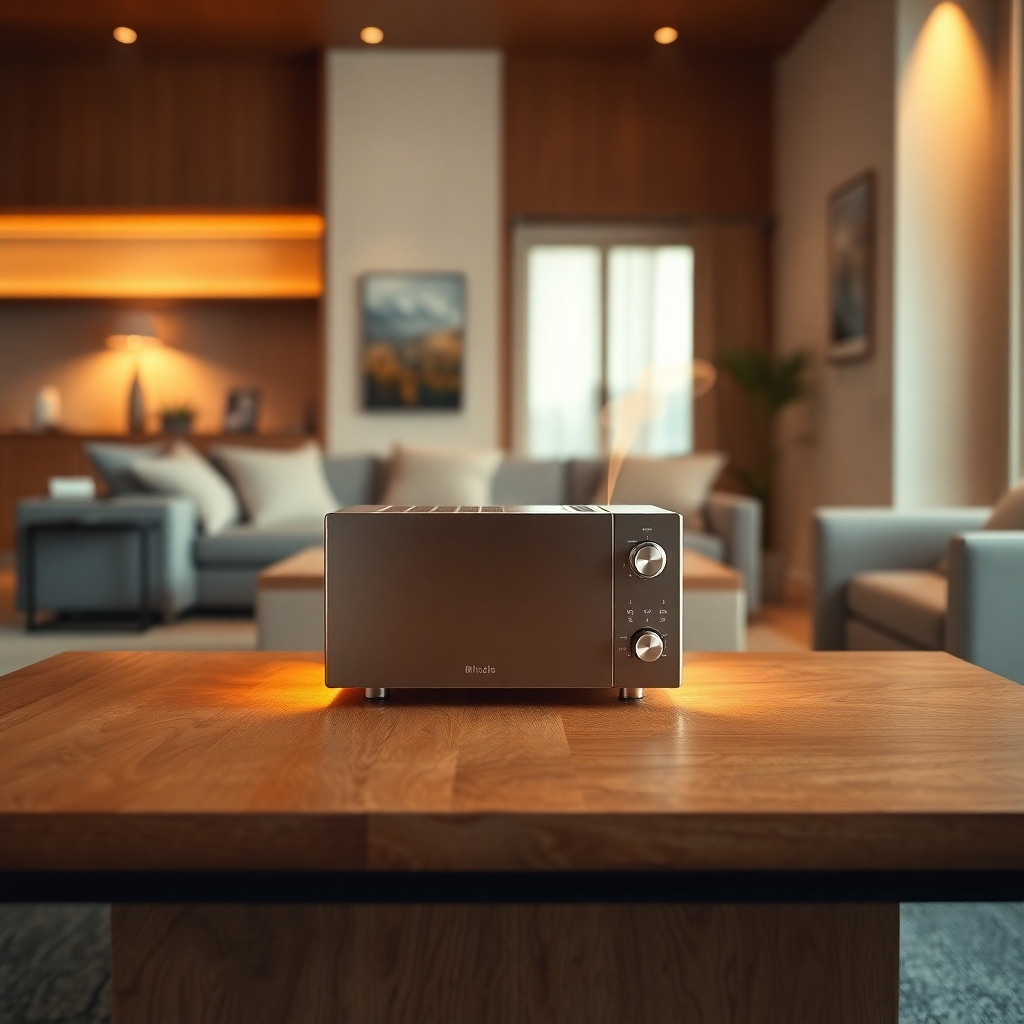 An 8K resolution, hyperrealistic photo of a sleek, metallic device, about the size of a small microwave, emitting a soft, warm golden glow. The device sits on a polished oak table in a modern, minimalist living room, bathed in soft diffused lighting.  The color palette is warm and inviting, with rich metallic tones and deep wood grains. The camera angle is slightly elevated, looking down at the device. The texture of the metal is highly detailed, showing fine scratches and polished surfaces. The background is softly blurred, showcasing a comfortable, upscale living room with neutral colors and modern furniture. The style should evoke a sense of quiet luxury and technological innovation, similar to the work of Annie Leibovitz and featuring elements reminiscent of Art Deco design. The overall mood is one of calm confidence and technological advancement.  Focus should be extremely sharp on the device, with a shallow depth of field.  Include subtle steam or energy field effects emanating gently from the device's vents in a soft golden-white hue. The scene implies that the device is quietly and efficiently generating power.