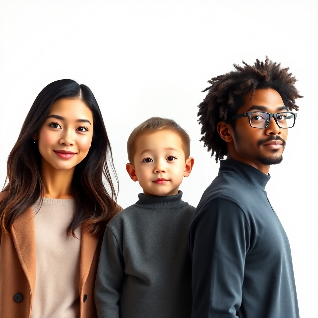 An 8K resolution, hyperrealistic image depicting a diverse group of three AI-generated digital humans – a young woman, a middle-aged man, and a child – standing against a clean, minimalist white backdrop. The lighting is soft and diffused, creating a gentle, even illumination on all subjects. Each human exhibits unique facial features, hairstyles, and clothing styles, reflecting diversity in age, ethnicity, and gender.  Their expressions are neutral yet inviting, conveying approachability and professionalism. The overall mood is modern, clean, and technologically advanced.  The camera angle is a medium shot, capturing the subjects from the knees up, creating a balance between detail and context.  The image should possess a photorealistic rendering style, akin to the work of Annie Leibovitz, capturing fine details in skin texture, hair strands, and clothing fibers.  The color palette is natural and subtly vibrant, enhancing the realistic feel without being overly saturated.  The background remains an unblemished white, ensuring the focus remains on the subjects. No props are included. The image should convey a sense of trust and reliability.