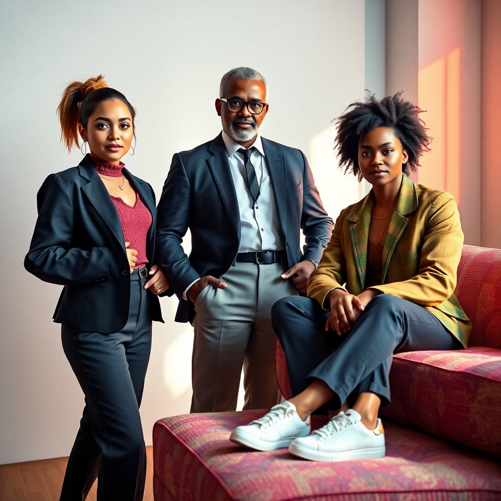 An 8K resolution, hyperrealistic image depicting three AI influencers, each with unique appearances and styles, posing for a promotional photoshoot.  One influencer is a young woman with vibrant makeup and trendy clothing, posing confidently against a minimalist white backdrop, lit with soft diffused lighting.  Another is a stylish, mature man in a sharp suit, posed in a sleek modern office, illuminated by dramatic side lighting highlighting his strong features. The third is a diverse individual with unique fashion sense, sitting on a colorful, textured sofa in a trendy apartment, bathed in warm, inviting light.  The overall color palette should be bright and modern with pops of color. The camera angle should be slightly elevated, creating a flattering perspective.  Focus on realistic skin textures, hair detail, and clothing textures.  The style should emulate the work of Annie Leibovitz and Mario Testino. The image should evoke a feeling of sophistication and approachability.