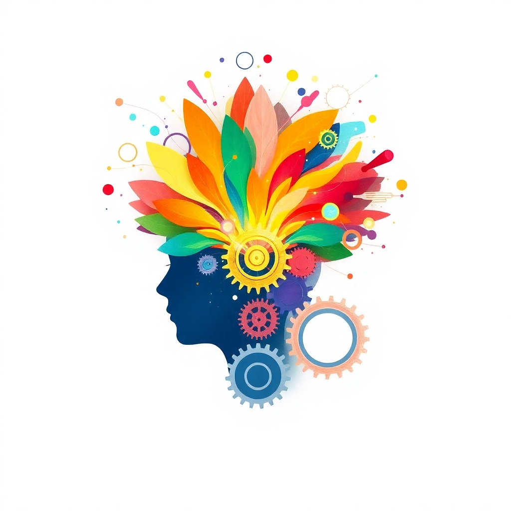 An abstract image representing the spark of imagination. This could be a burst of colorful energy emanating from a child's head, or a series of interconnected gears and cogs representing the creative process. The image should convey a sense of innovation and limitless possibilities.