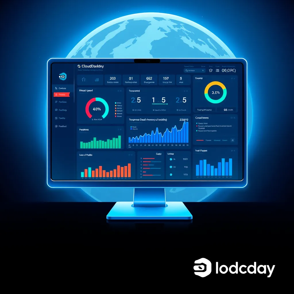 An illustration of a powerful, modern computer displaying a dashboard with various data points and graphs related to website performance, SEO, and media optimization. The interface should be clean and intuitive, highlighting key metrics such as website speed, ranking, and user engagement. Include a subtle background image of a stylized globe, representing global reach and accessibility. The overall style should be modern, professional, and visually appealing, emphasizing the technical expertise and user-friendly nature of CloudDaddy's services.