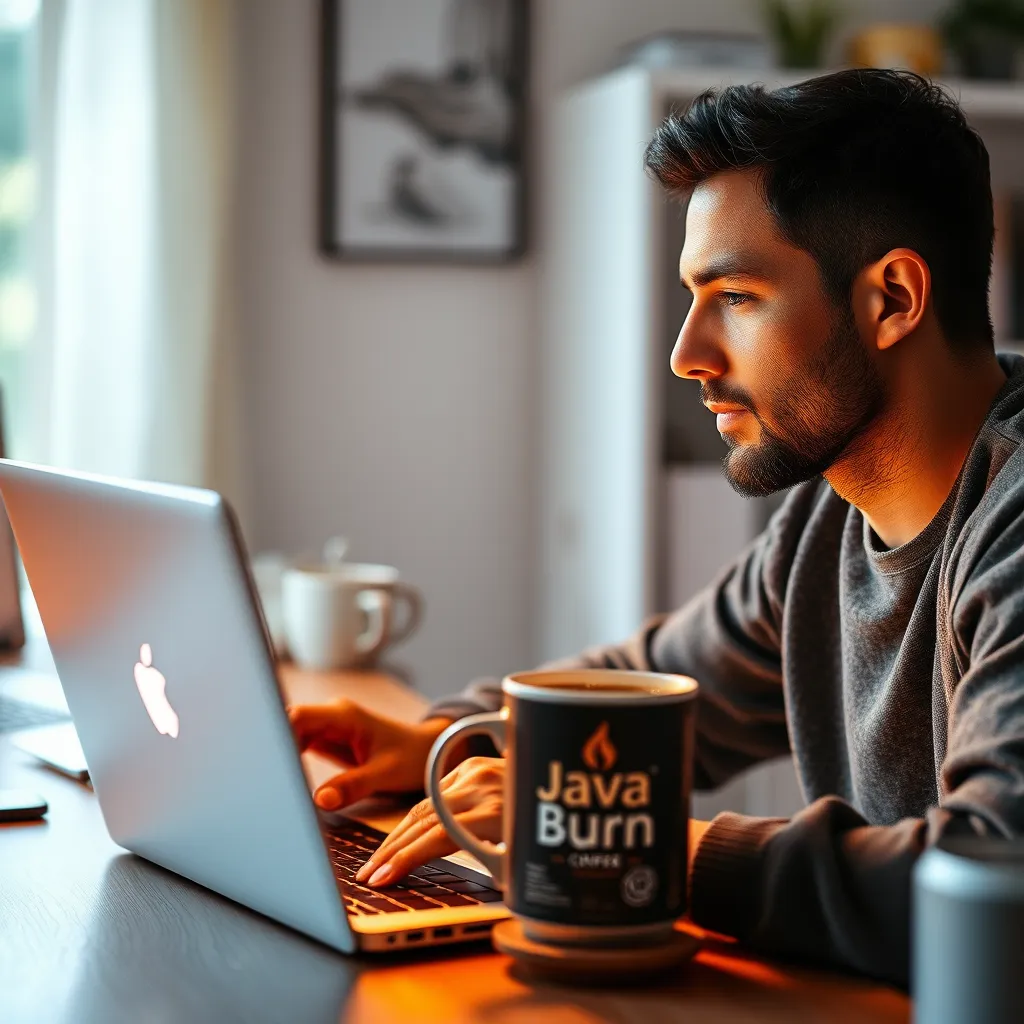 An image emphasizing the mental clarity and increased energy provided by JavaBurn. A person, looking focused and energized, sits at a desk, working on a laptop, a steaming cup of JavaBurn coffee nearby. The warm glow of the laptop screen illuminates their face, highlighting their concentration. The surrounding workspace is clean and organized, with subtle hints of productivity and success. Rendered in a photorealistic style with 8K resolution, the image captures the feeling of heightened focus and motivation, showcasing JavaBurn's ability to empower the mind and body.