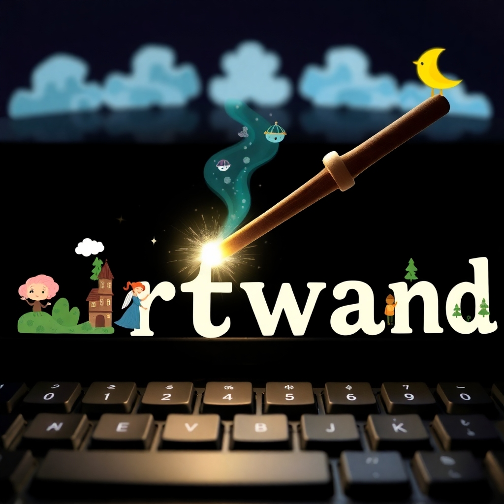 An image of a magic wand hovering over a keyboard. As the wand touches the keyboard, words transform into whimsical illustrations of fairytale characters and fantastical landscapes.
