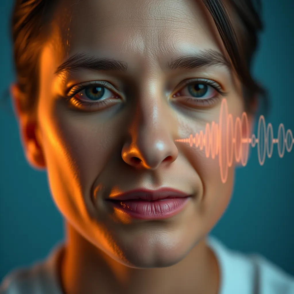 An image of a person with a serene expression, looking calm and relaxed, with a soft, calming blue background. The image should also feature a subtle, but noticeable, depiction of a ringing sound wave, symbolizing tinnitus being silenced by NeuroQuiet.