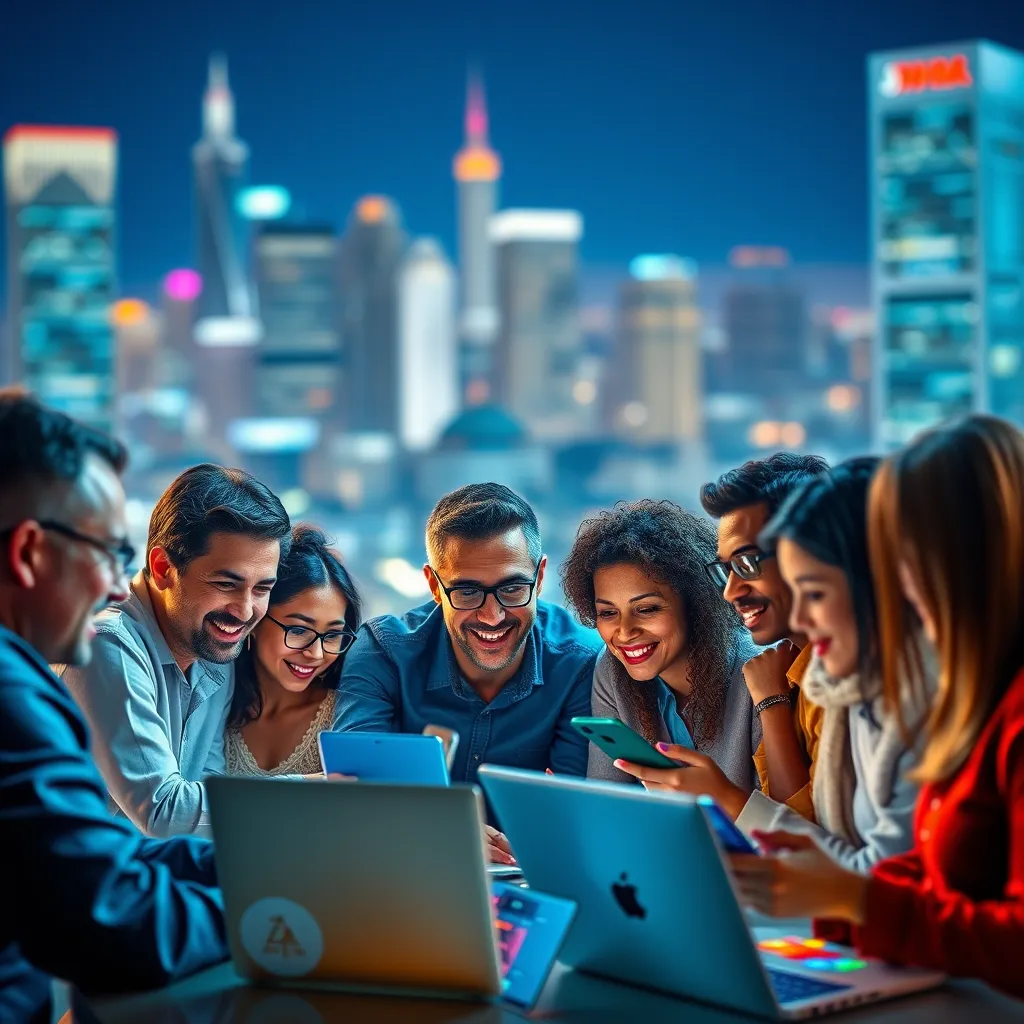 An image showcasing a vibrant and diverse online community of traders. The background is a blurred image of a cityscape at night, representing a global and connected community. In the foreground, a group of individuals, representing different ages, ethnicities, and backgrounds, are engaging in a lively online discussion. They are using laptops, smartphones, and tablets to share insights, strategies, and ideas. The colors should be bright and energetic, with subtle blue and green tones reflecting the digital nature of the community. Render in 8K resolution, showcasing the intricate details of the faces, devices, and online platforms. The lighting should be warm and inviting, reflecting a welcoming and supportive atmosphere.