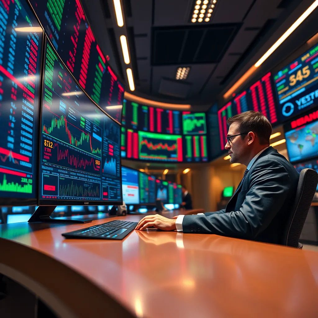An immersive, hyperrealistic image of a trader seated at a desk in a brightly lit, modern trading room. The desk is dominated by a massive curved monitor displaying complex market data in real-time, with colors transitioning seamlessly between red, green, and blue, reflecting market fluctuations. The trader is wearing a sharp suit and concentrating intently on the screen, using multiple touch-sensitive panels to analyze data and make trading decisions. The room is filled with numerous screens displaying various charts, graphs, and news feeds, creating a dynamic and visually engaging environment. The lighting is a blend of bright overhead lights and subtle ambient light from the screens, casting a soft glow across the room. The perspective should be from a slightly elevated viewpoint, providing a clear view of the trader's face and their interactions with the screens. The image should capture the energy and excitement of the trading floor, emphasizing the importance of quick decision-making and data analysis in positional trading.