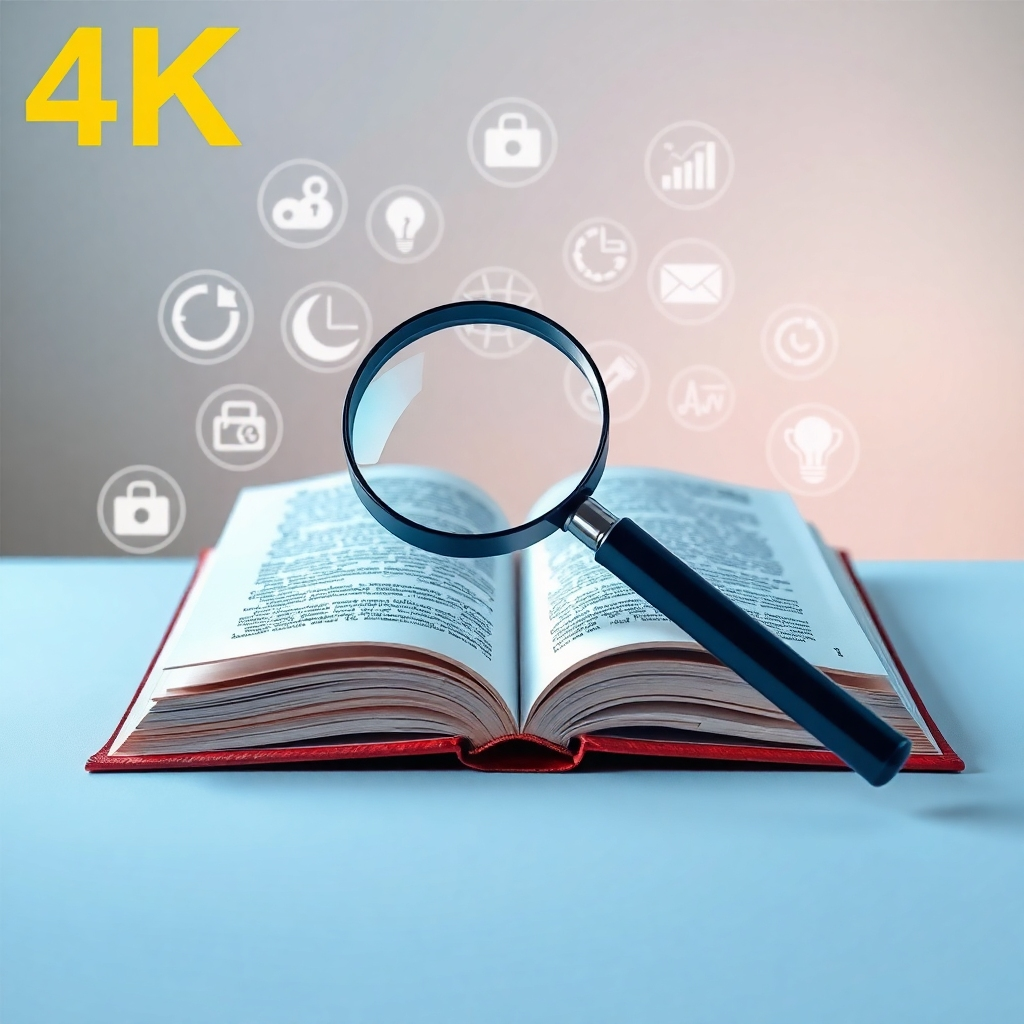 An open book with magnifying glass hovering over it, symbolizing detailed examination and analysis. The book is surrounded by related icons. Soft, natural lighting. 4K resolution.
