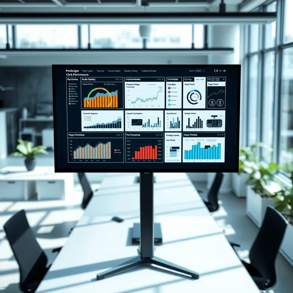 An overhead shot of a sleek, modern office workspace with a large monitor displaying detailed click performance reports with graphs, charts, and key performance indicators. The room should be filled with natural light streaming through large windows, creating a bright and airy atmosphere. The monitor should be the focal point, with the rest of the workspace blurred in the background. The image should convey a sense of professionalism, clarity, and transparency. Render in 8K resolution with a clean and minimalist style, showcasing the power of data-driven insights.