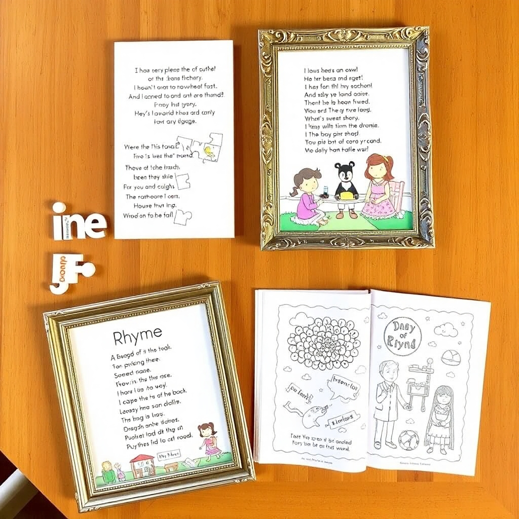 An overhead shot showcasing a variety of outputs from Kids Book AI laid out on a table. This includes a completed jigsaw puzzle featuring characters from a generated story, a printed rhyme displayed in a decorative frame, and a partly-colored coloring book page with AI-generated illustrations.