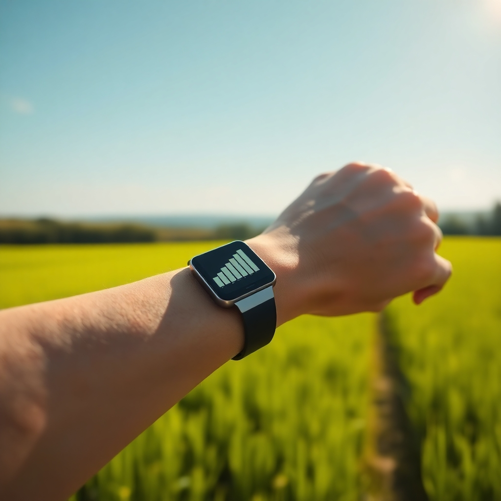 An ultra-high-definition (8K), hyperrealistic image depicting a sleek, modern fitness tracker displaying a sharply increasing graph representing a significantly boosted metabolism. The tracker should be positioned on a toned, healthy wrist, highlighting the transformation. The background should show a sun-drenched landscape with a vibrant green field and a clear blue sky, emphasizing feelings of health and vitality.  Lighting is bright and natural.  The color palette is bright, energetic, and lively, with a focus on greens, blues, and sunny yellows. The camera angle should be a slight high-angle shot, emphasizing the fitness tracker's prominent display. The overall style should emulate high-end product photography, clean and modern, with the tracker appearing almost luminous, evoking a sense of technological advancement in a natural setting.  The mood should convey a sense of achievement and empowerment. The image should have a shallow depth of field focusing on the fitness tracker and wrist.
