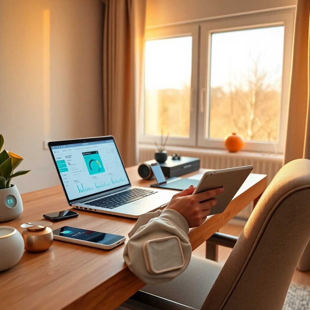 An ultra-high-definition (8K), photorealistic image showcasing a person using multiple AI-powered apps on various smart devices simultaneously. The scene is bathed in warm, soft lighting from a nearby window, enhancing the home office ambiance. The color palette is calming and inviting, using earthy tones with accents of vibrant teal and gold.  The devices include a sleek laptop, a stylish tablet, and a smart home hub displaying intuitive AI dashboards.  Text and graphics on screens show AI-driven task management, scheduling, and automated processes.  The person is surrounded by minimal yet functional organizational tools, such as a well-organized desk and smart home devices. The overall aesthetic is clean, modern, and subtly luxurious, reflecting high-quality design and functionality.  The image should feel calm, organized, and highly efficient. The camera angle is slightly elevated, providing a panoramic view of the scene and highlighting user workflow.  Textures should be meticulously detailed; the wood grain on the desk and the soft textile of the chair should be clearly visible. The image should be created in the style of a modern technology advertisement, highlighting sleek design and efficiency.