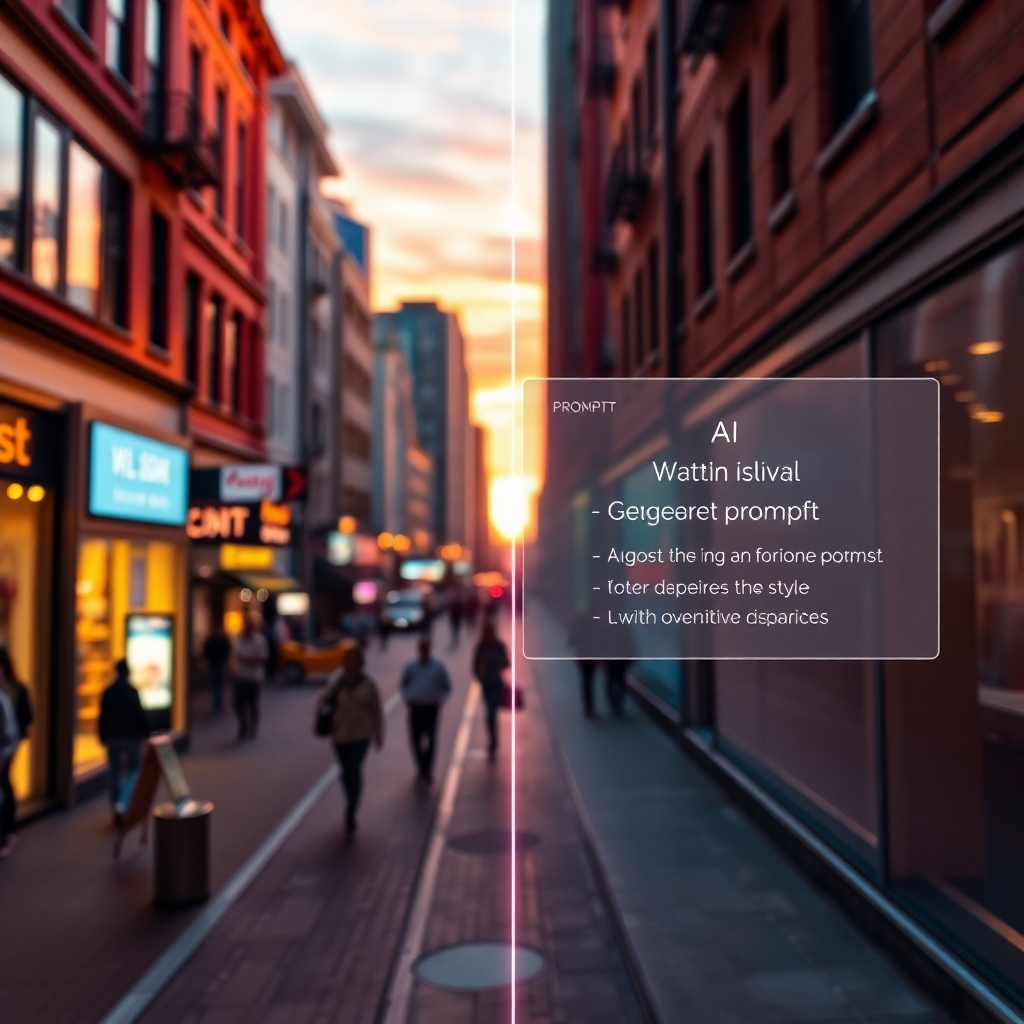 An ultra-high definition (8K) image depicting a seamless transition between a photograph and an AI-generated prompt. On the left, a vibrant, professionally shot photograph of a bustling city street at sunset.  On the right, a digital interface displays the AI-generated prompt based on the photograph; the prompt should be clearly legible and should include keywords describing elements such as lighting, color, composition, and style.  The color palette mirrors the photograph's sunset hues, with warm oranges, deep reds, and soft purples.  The lighting is warm and ambient, evocative of the sunset.  The camera angle is a straight-on view, with a soft focus transition between the photo and the digital prompt. The style should resemble a high-tech, clean interface design, with a futuristic feel.  Textures should include the realistic detail of the photograph (rough brickwork, reflective windows) and the smooth, glossy textures of the digital interface. The overall mood is sophisticated, innovative, and efficient. The background is subtly blurred to keep the focus on the transition. This image showcases the speed and precision of Artistly AI's Photo-to-Prompt service.