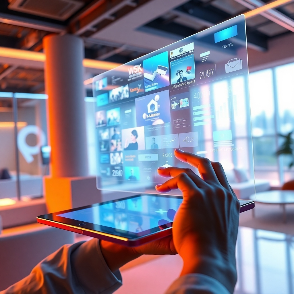 An ultra-high-definition (8K) image, hyperrealistic style, depicting a futuristic workspace bathed in warm, ambient lighting. The scene centers on a user interacting with a holographic interface projecting from a sleek, transparent tablet.  The holographic display shows a dynamic array of AI-generated content—images, text, videos—flowing seamlessly. The color palette is vibrant and futuristic, incorporating deep blues, electric greens, and soft oranges. The background features sleek, minimalist furniture and architecture. The camera angle is slightly low, emphasizing the power and scale of the holographic display. Textures are meticulously rendered, capturing the polished glass of the tablet and the subtle reflections on its surface. The scene's mood is optimistic, innovative, and powerful, suggesting boundless creativity. Stylistically, this image should invoke the aesthetic of Syd Mead's futuristic designs.  The image needs to be ultra-detailed with realistic light reflections and shadows.