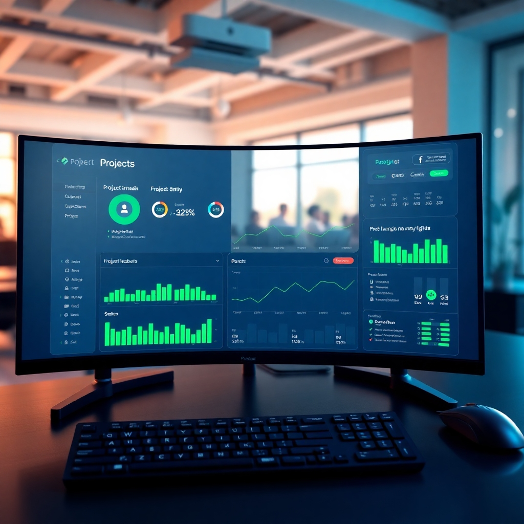 An ultra-high definition (8K) image, hyperrealistic style, depicting a clean and modern interface showing a project management dashboard with AI-powered insights. The dashboard is on a large curved monitor with a sleek design. The color scheme is a combination of dark blues and vibrant greens, signifying efficiency and progress. Soft, ambient lighting creates a calm and focused atmosphere. Key data points (e.g., project timelines, freelancer availability, task completion rates) are displayed clearly and concisely. Textures of the monitor, keyboard, and desk should be highly detailed. The background shows a blurred image of a modern, open-plan office, conveying professionalism and productivity. The camera angle should be a slight overhead shot, capturing the whole dashboard and keyboard. The overall mood should be one of calm efficiency and organized productivity.  The style should be inspired by futuristic, sleek tech companies.  Environmental elements include a modern office setting with minimalist décor.  Props include a high-end mechanical keyboard and a wireless mouse.