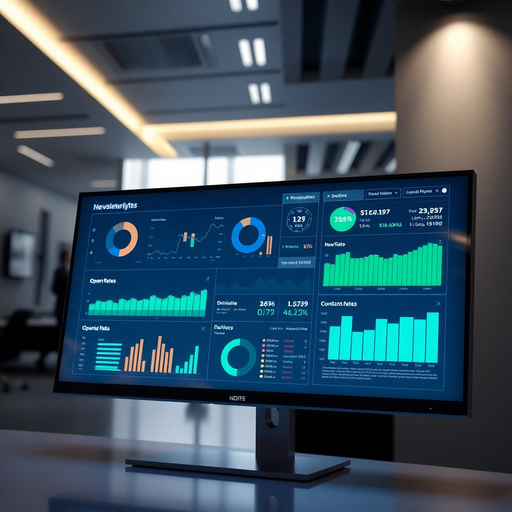 An ultra-high-definition, hyperrealistic image showcasing a futuristic-looking dashboard on a large monitor. The dashboard displays various metrics and graphs related to newsletter distribution, open rates, and click-through rates, all rendered with a clean and sleek UI design. Soft, ambient lighting illuminates the scene, with a subtle glow emanating from the monitor. The color palette features dark grays, blues, and greens, conveying a sense of technology and efficiency. The camera angle is slightly elevated, looking down at the monitor, providing a perspective that emphasizes the depth and complexity of the data visualization. The overall mood is one of technological prowess and data-driven decision-making. The texture of the monitor should be glossy and reflective, while the background should feature a slightly blurred image of a modern, minimalist office space.  Include small details such as subtle animations on the dashboard, and the faint reflection of a person's silhouette in the monitor, suggesting that someone is monitoring the processes. The image style should evoke the sleek aesthetic of science fiction films depicting advanced technology. The image should be 8K resolution, hyperrealistic, and meticulously detailed, showcasing the intricacy of the data visualizations and the sophisticated design of the dashboard. In the style of Syd Mead, focusing on the futuristic elements.