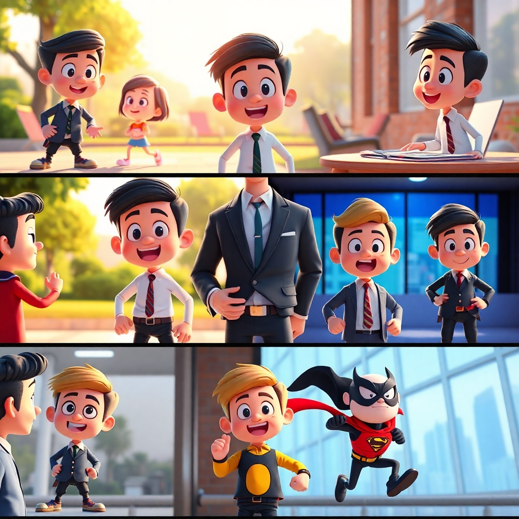 An ultra-high definition image showcasing a montage of various short animated video clips, all featuring the same AI-generated cartoon character.  The style is a blend of classic cartoon aesthetics and modern CGI techniques, aiming for a vibrant and dynamic look.  The clips showcase different scenarios; a playful scene in a park, a business meeting, and a superhero-like action scene, highlighting the versatility of the toon character and software.  The color palette should be bright and playful, with contrasting colors used effectively to create visual interest.  The lighting in each clip varies, from sunny outdoors to dramatic indoor lighting, reflecting the different settings.  Each clip should be highly detailed with smooth animation and a 120fps frame rate. The camera angles and perspectives are diverse; wide shots, close-ups, and dynamic camera movements to maintain visual excitement.  The background details are rich and varied, providing context for each scene. The overall mood is energetic, positive, and fun, emphasizing the limitless creative potential of the service.   The image needs to have a cinematic feel and should mimic the style of high-budget animated films such as those from Disney or Pixar, but with a distinctive, unique cartoon aesthetic. The image needs to be rendered at 8K resolution, and showcase the depth of detail achieved by the advanced technology used in the video creation tool.  The image should clearly highlight the advanced animation capabilities including realistic hair and clothing movements.