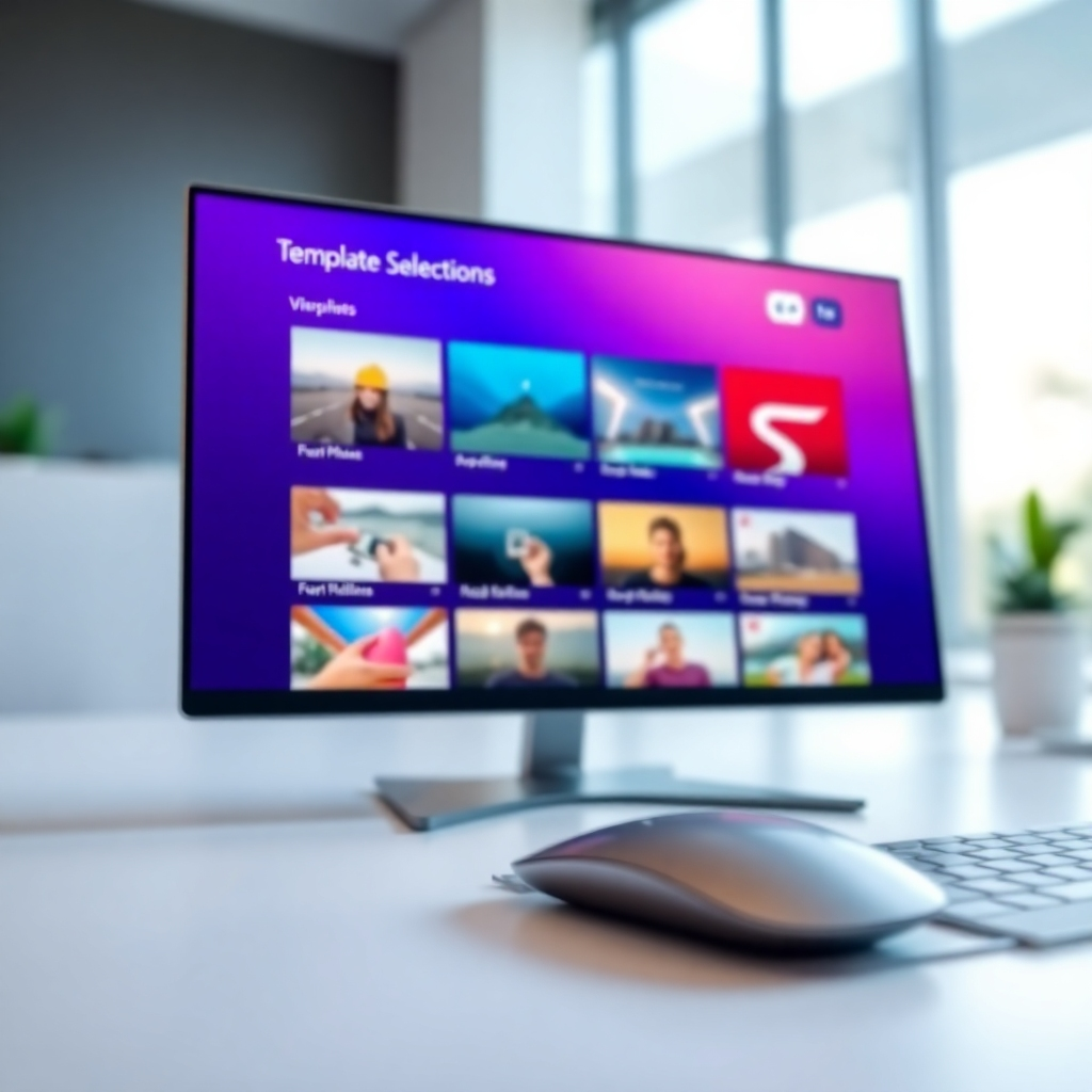 An ultra-high-resolution, hyperrealistic image depicting a clean, modern interface showcasing the AI Video Builder's template selection screen.  The screen displays various appealing video templates, categorized and easily browsable.  The lighting is bright and clean, emphasizing the clarity of the interface. The color scheme is vibrant but professional, with a balance of cool and warm tones.  The camera perspective is a close-up, focusing on the interface details and emphasizing the ease of navigation.  Textures include the smooth glass of the screen and the subtle texture of a metallic keyboard. The background is a soft, blurred bokeh, suggesting a professional, modern office space. The overall style aims for a clean, contemporary aesthetic.  The scene is devoid of any distracting elements, solely focusing on the simplicity and efficiency of the AI video builder's template interface.  The image should communicate intuitive design, speed, and professional results.  Props include a sleek, wireless mouse, suggesting ease of use. Style references: minimalist UI/UX design, Apple product photography.