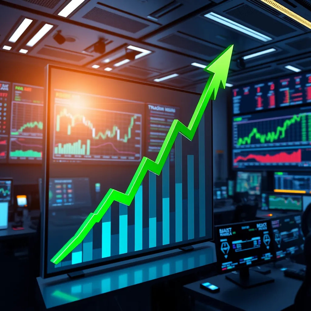 An upward-trending graph with a green arrow pointing upwards, symbolizing financial growth. The graph is displayed on a large screen in a futuristic trading room, surrounded by sleek technology and advanced equipment. The background is filled with data visualizations and dynamic charts, highlighting the constant flow of market information and the opportunity for informed trading decisions.