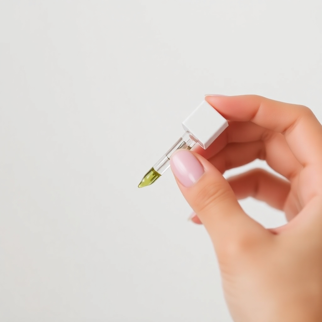 Close-up shot of hands gently applying ReviTag serum to the skin. The background is soft and blurred, focusing on the product and the act of application. The color palette is clean and minimalist, emphasizing the purity and effectiveness of the serum. Style reference: Skincare product demonstration.