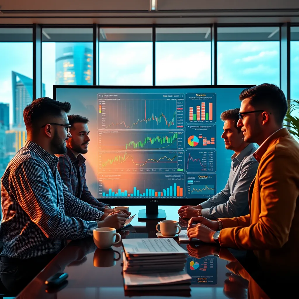 Create a photorealistic, ultra-high quality header image for a trading education platform. The image should be set in a modern, sleek office space with large windows overlooking a bustling cityscape. A confident, diverse group of traders (3-5 people) are gathered around a large, high-tech monitor, analyzing charts and graphs. The lighting should be warm and inviting, highlighting the faces of the traders. Use a vibrant color palette of blues, greens, and oranges to reflect the dynamism of the financial markets. Capture the image from a low angle, emphasizing the power and energy of the group. Incorporate subtle details like stacks of financial reports, laptops, and coffee mugs to add realism. The image should convey a sense of collaboration, innovation, and expert guidance. Aim for a high-resolution, hyperrealistic style with a focus on fine details and textures., ultra high resolution, photorealistic, 8K, hyperdetailed, cinematic lighting