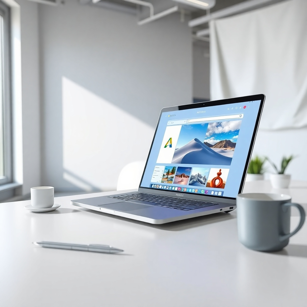 Create a photorealistic, ultra-high-resolution (8K) header image for the Artistly AI landing page.  The composition should feature a clean, modern workspace with a sleek laptop displaying a vibrant Artistly AI interface showcasing various generated images (a logo, a photorealistic landscape, an abstract painting).  The laptop should be slightly angled, positioned on a minimalist white desk.  Soft, natural light streams in from a large window to the left, casting gentle shadows. The color palette should be bright, airy, and modern, with a touch of sophistication, using clean whites, light grays, and accent colors pulled from the Artistly AI logo. The overall mood should be optimistic, innovative, and inspiring. The camera angle should be a slightly elevated three-quarter view, creating a sense of depth and intimacy.  Textures should be meticulously detailed: smooth, matte surfaces of the laptop, subtle wood grain on the desk, soft texture of a possible white fabric element in the background. The background should be a blurred-out modern office space, suggesting a professional yet creative environment.  Props can include a stylish pen, a modern coffee cup, and perhaps a small plant. Style references should include works of contemporary product photography and sleek tech advertisements. The image should convey a sense of ease of use and professional results. The final image must be hyperrealistic and incredibly detailed, emphasizing sharp focus and a shallow depth of field to draw the viewer's eyes to the laptop screen.  The style should be akin to high-end product photography, focusing on clean lines, minimalism and a sense of modern elegance., ultra high resolution, photorealistic, 8K, hyperdetailed, cinematic lighting