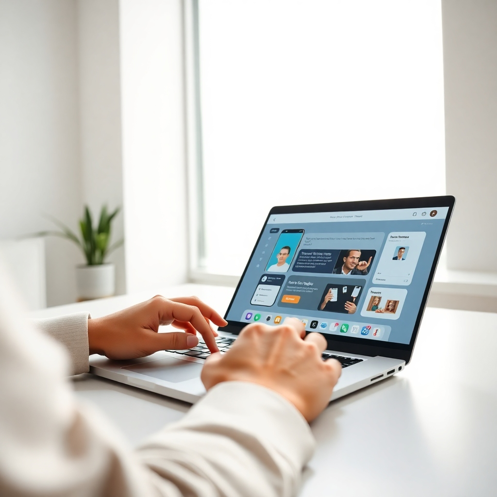 Create a photorealistic, ultra-high-quality header image (8K resolution, hyperrealistic style) depicting a clean, modern workspace.  The main focus is a person's hands actively using a sleek, futuristic-looking mobile app builder interface on a high-end laptop.  The interface should clearly show a drag-and-drop function, with various app elements (icons, text boxes, images) readily available.  The laptop screen should display an app in progress, showcasing a clean, modern design.  Soft, diffused natural light from a large window behind the person illuminates the scene, casting subtle shadows.  The color palette should be predominantly bright and airy, with a combination of clean whites, muted grays, and accent colors of teal and gold to represent technology and sophistication.  The overall mood is one of ease, efficiency, and success.  The camera angle is slightly elevated, looking down on the workspace from a three-quarter perspective, creating a sense of intimacy and engagement with the user.  Textures should be highly detailed and realistic: the smooth aluminum finish of the laptop, the soft texture of the person's hands, and the crisp, clean appearance of the interface. The background should include minimalistic elements of a modern, minimalist office setting – perhaps a partially visible potted plant and a sleek, modern desk.  The style should reference high-end technology advertisements and product photography, focusing on clean lines and a polished aesthetic.  Include subtle motion blur on the cursor to convey the ease of drag-and-drop functionality.  The image should clearly communicate the speed, simplicity, and power of AI-driven app building., ultra high resolution, photorealistic, 8K, hyperdetailed, cinematic lighting