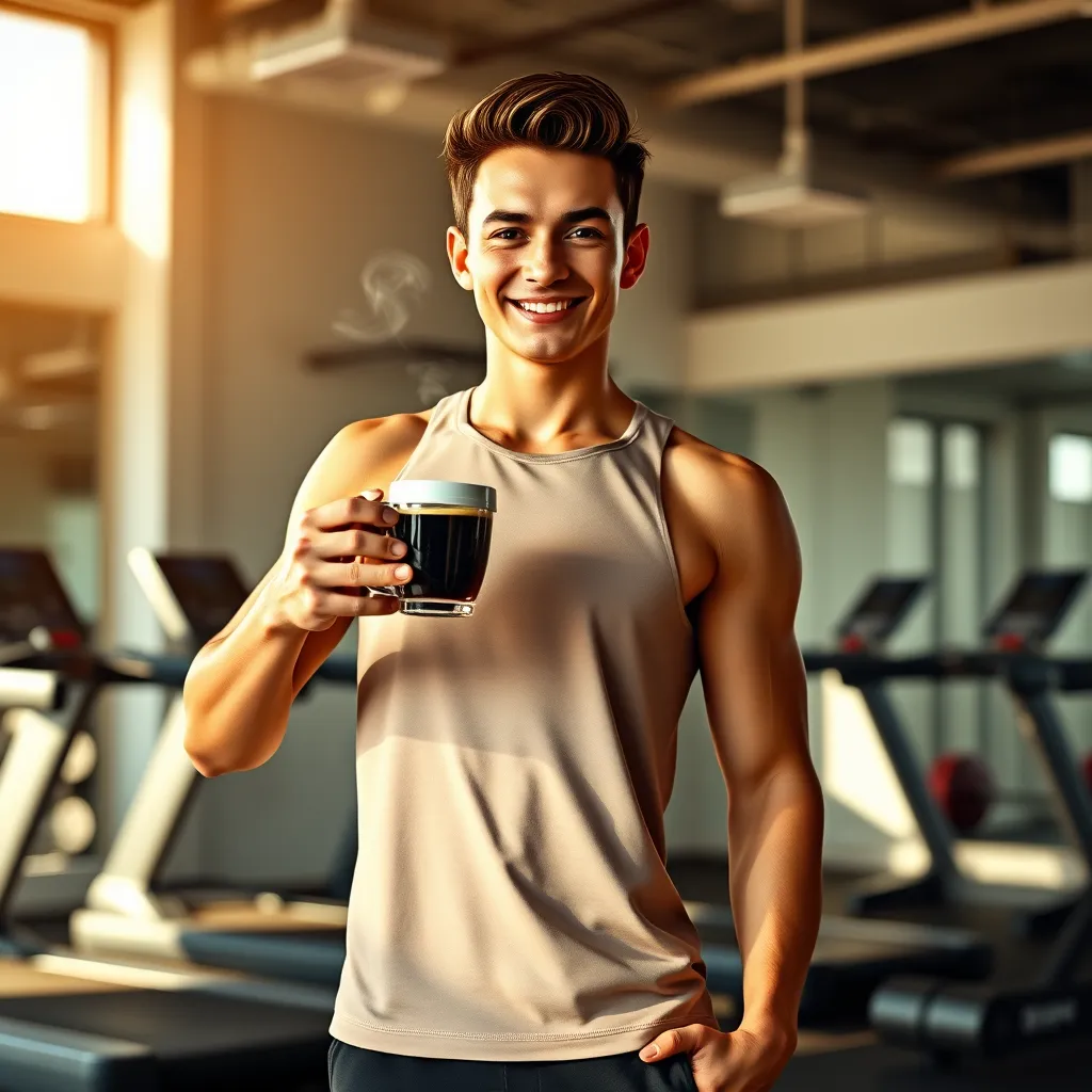 Create a photorealistic, ultra-high quality 8K image for a fitness website. The main subject is a person, ideally athletic and fit, with a youthful and energetic aura, standing confidently in a modern, minimalist gym space. They should be holding a steaming cup of coffee, with a subtle smile suggesting the power of Java Burn.  The lighting should be natural, casting a warm, golden glow, highlighting the person and the coffee cup. The color palette should be clean and vibrant, featuring earthy tones with pops of vibrant red or orange to represent energy and passion. The background should be a minimalistic gym setting, possibly with sleek gym equipment like treadmills, elliptical machines, or dumbbells, but not too cluttered.  The camera angle should be slightly elevated, capturing the person from waist up, creating a sense of power and authority. The image should be textured, with realistic details, like the sweat beads forming on the person's skin, the steam rising from the coffee cup, and the subtle sheen of the equipment.  The image should evoke a sense of empowerment, motivation, and positive energy, emphasizing the natural and effective way Java Burn can help users achieve their fitness goals. For reference, draw inspiration from photography styles of fitness brands like Nike, Lululemon, and Adidas. Ensure the image has a high level of detail and hyperrealistic quality., ultra high resolution, photorealistic, 8K, hyperdetailed, cinematic lighting