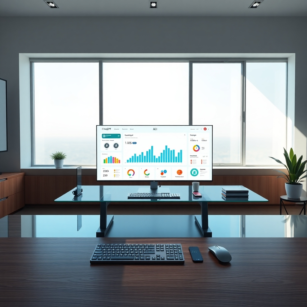 Create a photorealistic, ultra-high definition (8K resolution) header image depicting a sleek, modern workspace bathed in soft, natural light from a large window.  The main focus is a vibrant, interactive central dashboard displaying various AI logos (ChatGPT 4, Google Gemini Ultra, Dall-E HD, Midjourney, etc.) seamlessly integrated within a clean, intuitive interface.  The color palette should be sophisticated and calming, with muted blues, greys, and accents of a vibrant, optimistic teal. The overall mood should be one of efficiency, empowerment, and advanced technology.  The camera angle is a high-angle, slightly angled shot, looking down at the workspace. The materials should include polished wood, brushed aluminum, and a glass-top desk.  Fine textures are important – the wood grain, the metal's brushed finish, and even subtle reflections on the glass.  Environmental elements include a minimalist, modern office setup with a hint of nature in the form of a potted plant.  Relevant props include a futuristic-looking wireless keyboard and mouse, and maybe a sleek smartphone showcasing the app.  The style should emulate high-end tech product photography, similar to Apple's product shots, and evoke the feeling of clean, sophisticated design.  The image should be hyperrealistic, with extremely high detail and a focus on achieving a premium and professional look., ultra high resolution, photorealistic, 8K, hyperdetailed, cinematic lighting