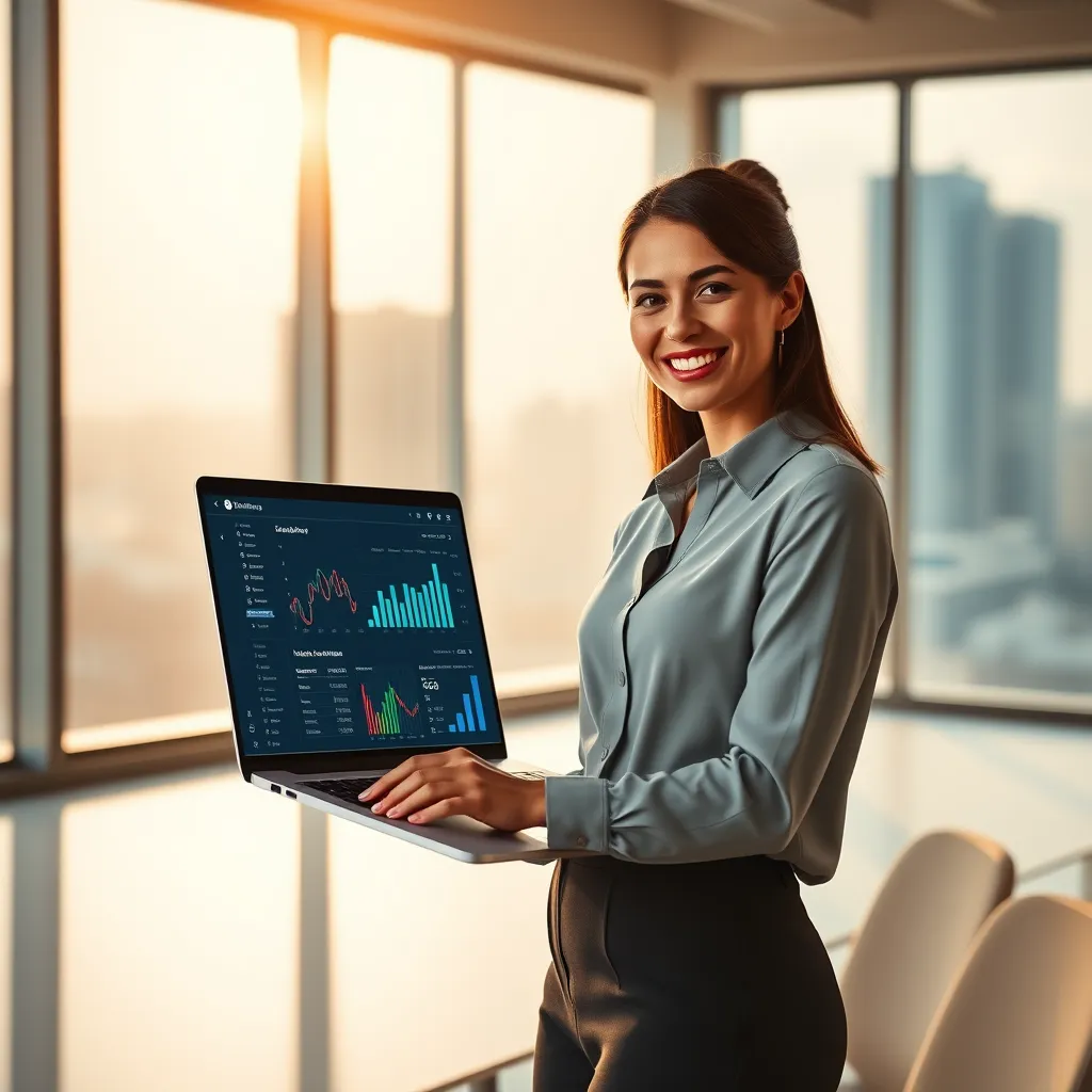 Create a photorealistic, ultra-high quality 8K image depicting a modern, minimalist office space bathed in warm, natural light streaming through large windows.  In the foreground, a sleek laptop displays InfinityBiz's dashboard, showcasing vibrant data visualizations, charts, and analytics.  A businesswoman in her early 30s, dressed professionally yet casually, smiles confidently as she analyzes the dashboard, her hand resting on a sleek, silver laptop.  The background features a blurred cityscape, conveying a sense of dynamism and opportunity.  Use a cool, professional color palette with accents of blue and green, reflecting technology and growth.  The composition should emphasize the businesswoman and the laptop screen, with a sense of depth and focus.  The overall mood should be one of empowerment, innovation, and success.  The image should exude a modern, clean, and professional aesthetic, showcasing the power and efficiency of InfinityBiz., ultra high resolution, photorealistic, 8K, hyperdetailed, cinematic lighting