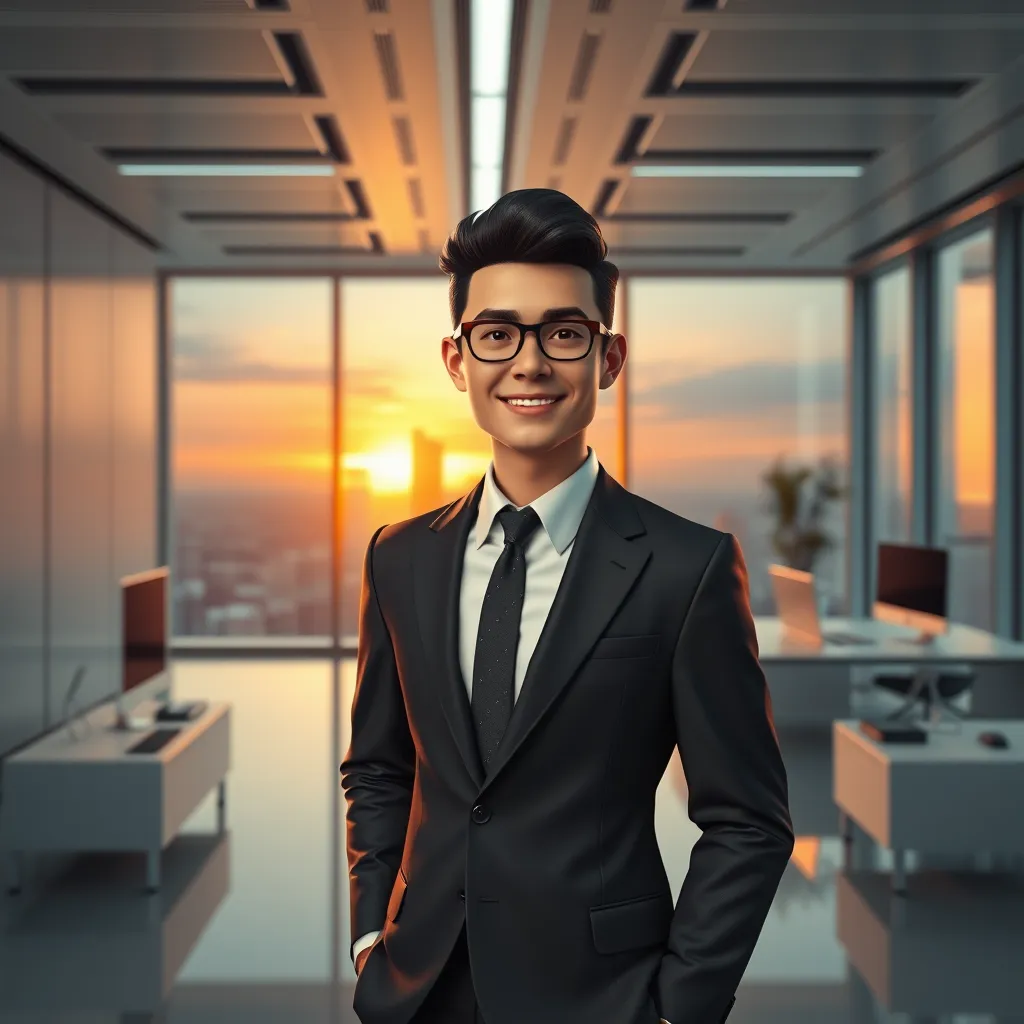 Create a photorealistic, ultra-high quality image of a virtual human, rendered in 8K resolution, standing in a futuristic, minimalist office space. The virtual human should be dressed in a sharp business suit, with a confident and approachable expression. The background should feature clean lines, sleek furniture, and large windows showcasing a cityscape with a vibrant, warm sunset. The lighting should be soft and natural, creating a sense of depth and realism. The camera angle should be slightly high, capturing the virtual human from the waist up, emphasizing their expressive face and body language. The image should exude a sense of professionalism, innovation, and accessibility, reflecting the capabilities of the HumanPal platform. For stylistic reference, draw inspiration from the work of digital artists like Beeple and Greg Rutkowski., ultra high resolution, photorealistic, 8K, hyperdetailed, cinematic lighting