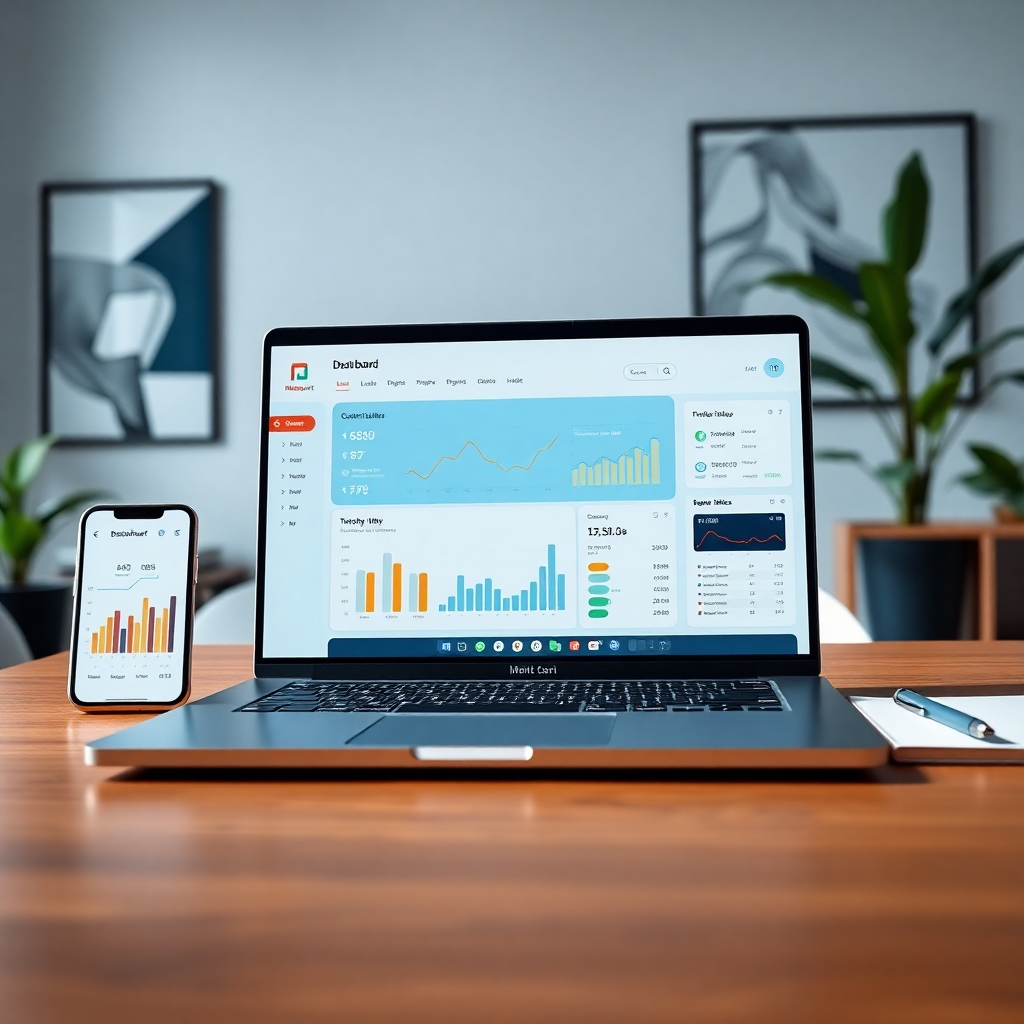 Create a photorealistic, ultra-high-quality 8K resolution header image depicting a sleek, modern laptop displaying the MegaMart AI dashboard.  The dashboard should showcase key features like AI content generation, traffic analytics, and product listings, all visually appealing and easy to understand. The laptop should be positioned on a clean, minimalist desk in a brightly lit, modern office setting. The lighting should be soft and natural, with a slight highlight on the laptop screen. The color palette should be professional and sophisticated, using calming blues, greens, and accents of gold to represent success and wealth. The mood should convey ease, efficiency, and success. The camera angle should be slightly elevated, looking down at the laptop at a 30-degree angle, creating a sense of authority and perspective. The laptop should have a metallic texture with subtle reflections, and the desk should be made of polished wood. The background should be blurred but still show elements of a modern office setting, including plants and abstract art.  Include relevant props like a smartphone displaying sales charts and a stylish pen and notebook.  The overall style should reference Apple's clean aesthetics and high-end product photography. The image should be hyperrealistic, with intricate details and a high level of polish, aiming for a photorealistic, ultra-high quality rendering comparable to high-end advertising photography., ultra high resolution, photorealistic, 8K, hyperdetailed, cinematic lighting