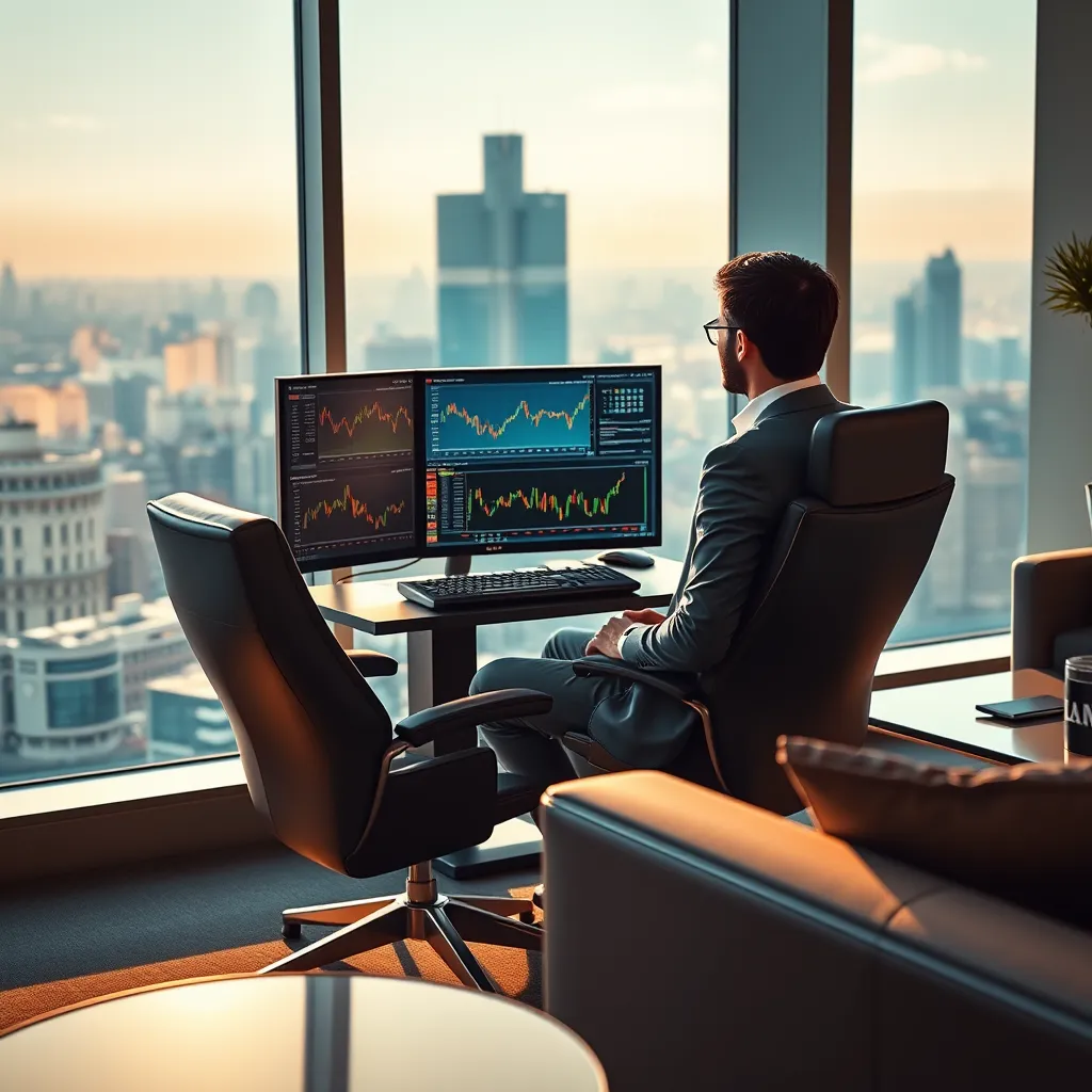 Create a photorealistic, ultra-high quality header image for LEARNFINITY HUB, a website specializing in trading education. The image should feature a modern and sleek office environment, with a large window overlooking a bustling cityscape. A person, dressed in a smart casual outfit, is confidently analyzing charts on a multi-screen workstation. The scene should be bathed in warm, natural light streaming through the window, creating a sense of focus and professionalism. The color palette should be a blend of cool blues and grays with pops of vibrant green from the city view. The camera angle should be slightly elevated, capturing the person from a slightly above perspective, emphasizing their expertise. The image should be rendered in 8K resolution with a hyperrealistic style, featuring intricate details like the texture of the leather chair, the gleam of the computer screens, and the sharp edges of the cityscape. The background should include sleek, modern furniture, with a subtle hint of LEARNFINITY HUB branding on a coffee table or a wall. The overall mood should be confident, inspiring, and intellectually stimulating, conveying the power of knowledge and the promise of successful trading., ultra high resolution, photorealistic, 8K, hyperdetailed, cinematic lighting