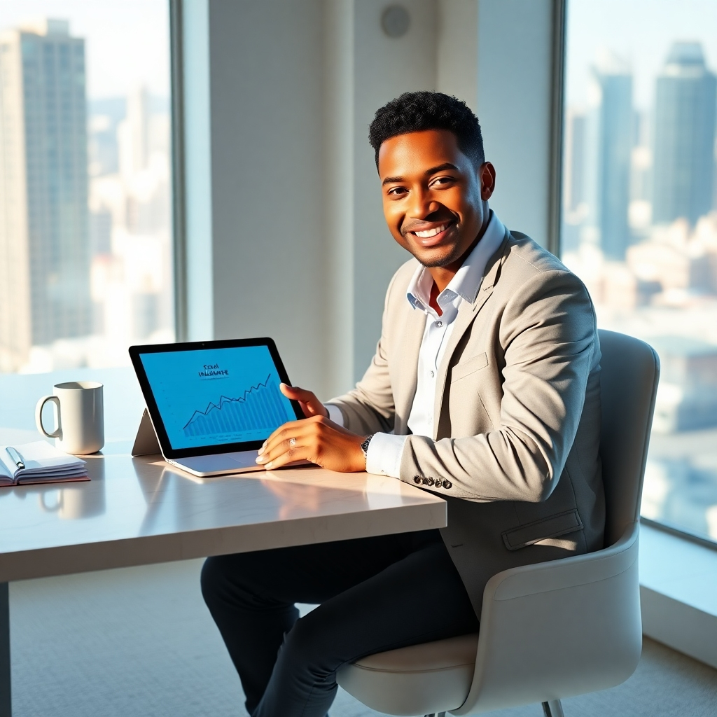 Create a photorealistic, ultra-high-quality header image (8K resolution, hyperrealistic style) for a landing page promoting an email marketing business. The image should depict a person, ideally a young, diverse professional, sitting at a sleek modern desk in a bright, minimalist home office.  The person is smiling confidently and looking directly at the camera, holding a tablet showcasing a graph charting exponential income growth. The lighting should be soft and natural, coming from a large window to the side, creating subtle shadows and a warm, inviting mood. The color palette should be clean and professional, using shades of white, light gray, and teal.  The desk should be made of light-colored wood with a marble texture.  Props include a laptop with the Email Millionaire logo subtly visible on the screen, a stylish coffee mug, and a few neatly organized papers.  The background should be a blurry but visible view of a modern cityscape. The camera angle should be slightly elevated, looking down at the person from a three-quarter view, creating a sense of intimacy and trust. The overall mood should be one of success, ease, and empowerment. The style should be inspired by high-end tech company marketing imagery and lifestyle photography, aiming for a sophisticated and aspirational feel.  Textures should be meticulously detailed – the smoothness of the tablet screen, the grain of the wood desk, the subtle sheen of the coffee mug.  Environmental elements should be carefully rendered, including realistic reflections and subtle details in the background cityscape.  The image should evoke feelings of financial freedom, professional success, and effortless achievement., ultra high resolution, photorealistic, 8K, hyperdetailed, cinematic lighting