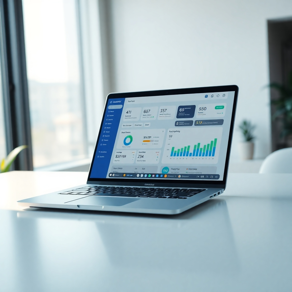 Create a photorealistic, ultra-high definition (8K resolution) header image depicting a sleek, modern laptop displaying the FreelancerPro AI dashboard. The dashboard should showcase key features like AI-driven project matching, automated client communication, and financial reporting, all rendered with sharp, crisp detail and realistic UI elements.  The laptop should rest on a clean, minimalist white desk, subtly angled towards the viewer.  The lighting should be soft, natural light coming from a large window to the left, casting a gentle glow on the laptop screen and creating soft shadows. The overall color palette should be sophisticated and professional, featuring calming blues and greens, contrasting with the clean white desk and the vibrant accents of the dashboard UI. The mood should be one of calm productivity and effortless success. The camera angle should be slightly elevated, offering a high-angle perspective that emphasizes the sleekness of the laptop and the sophistication of the interface. The laptop should be made of brushed aluminum, with subtle texture details visible. The background should be a blurred but visible modern office environment, featuring hints of plants and natural light, adding to the feeling of a professional yet welcoming workspace. Include subtle reflections on the laptop screen.  The style should be inspired by high-end technology product photography, similar to Apple's product shots.  Emphasize hyperrealism, ensuring that every detail, from the texture of the aluminum to the subtle reflections on the screen, is rendered with incredible clarity and precision.  The image should convey a feeling of ease of use, high efficiency, and lucrative potential., ultra high resolution, photorealistic, 8K, hyperdetailed, cinematic lighting
